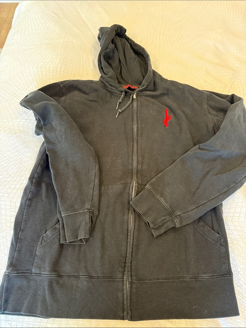 Men's Black Lightweight Zip Hoodie Jacket with Red Chest Accent